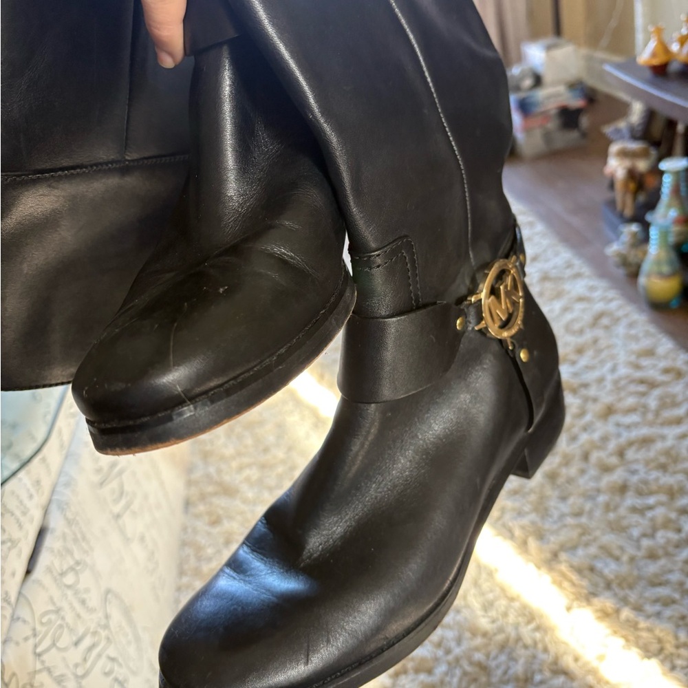 Black Leather Boots with Gold Logo Accent